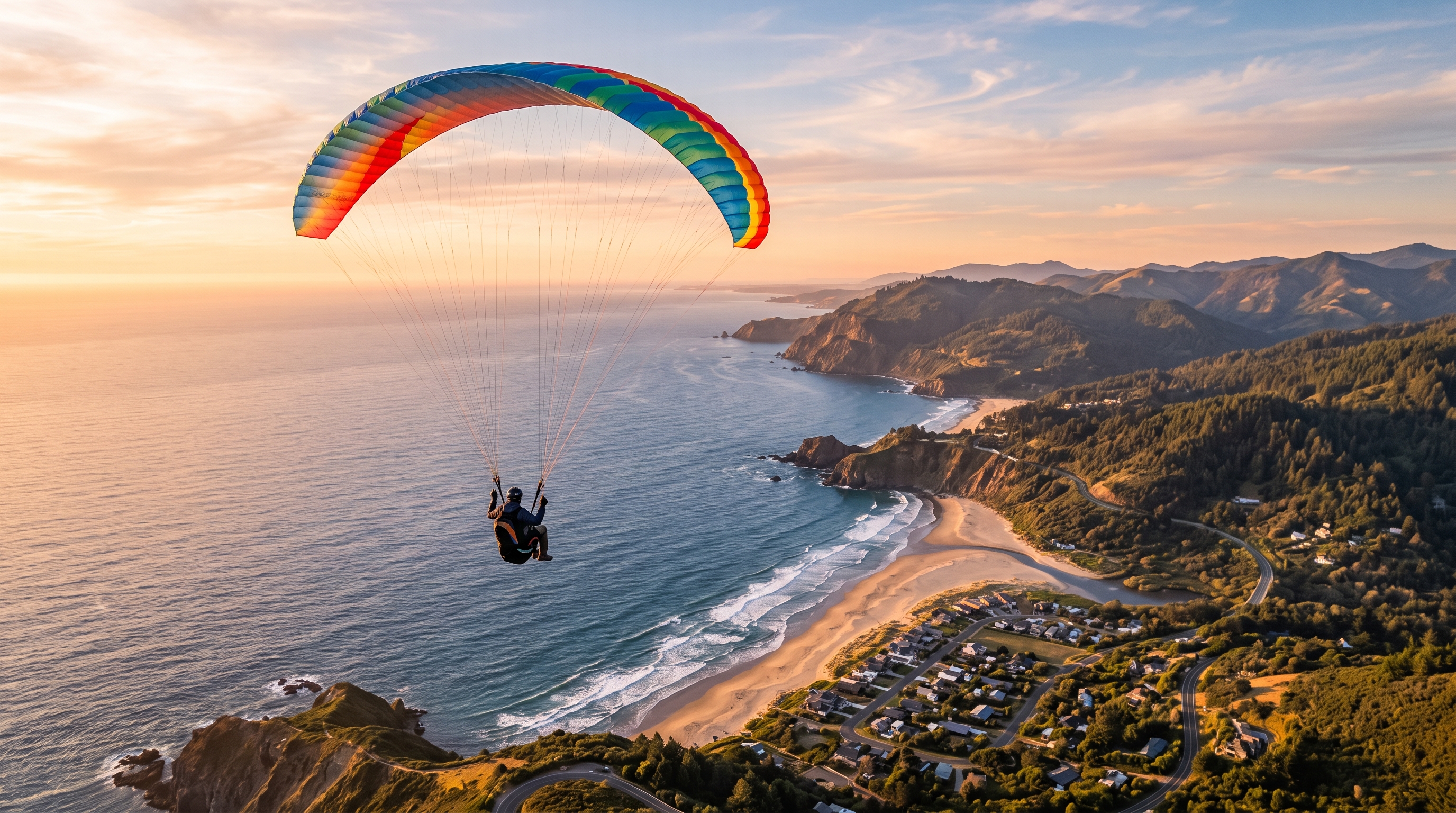 An open parachute gliding over the coast at golden hour