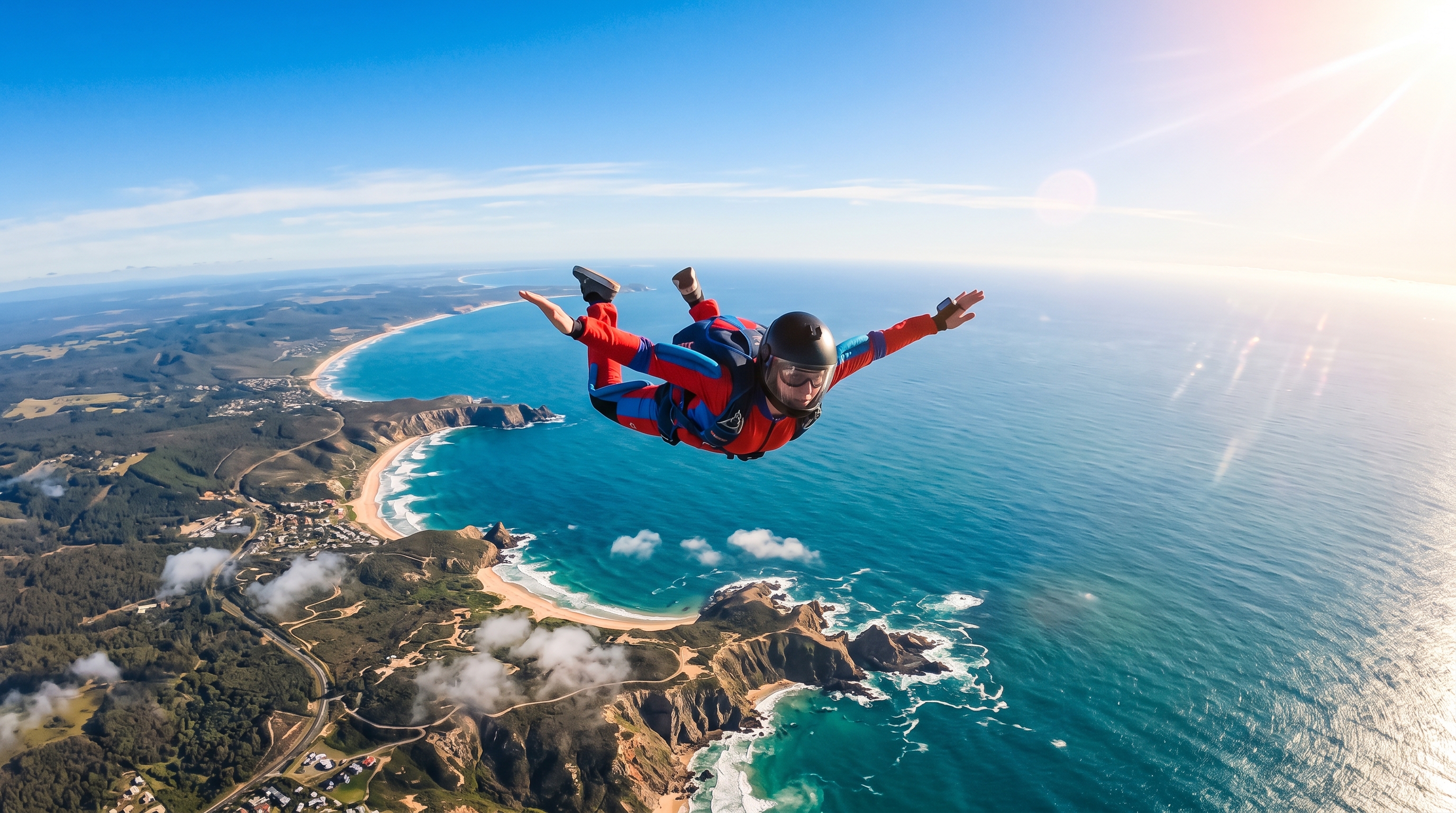 A skydiver in freefall high above the Marlow Coast