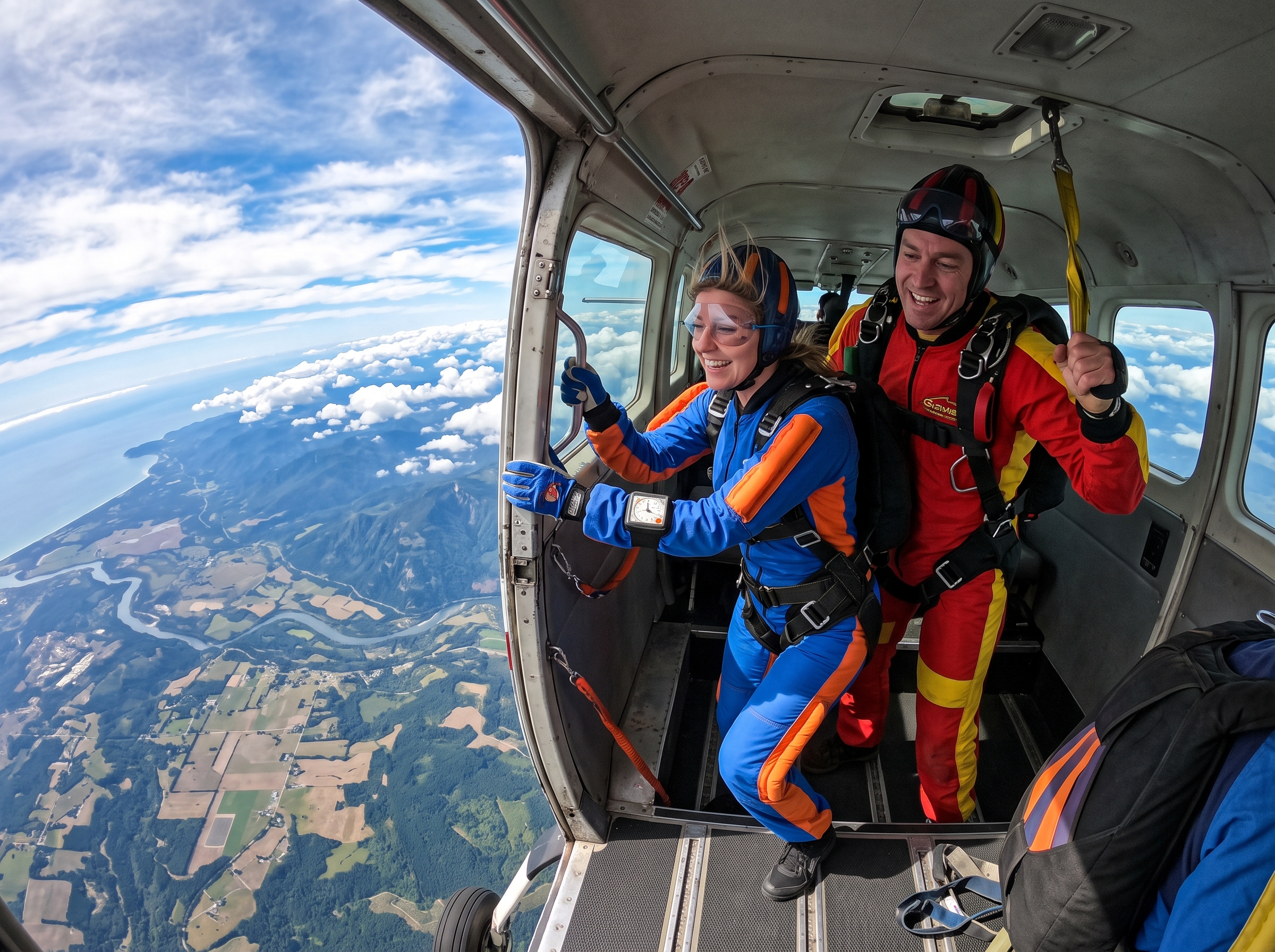 Skydivers ready to leap from the open door of the aircraft