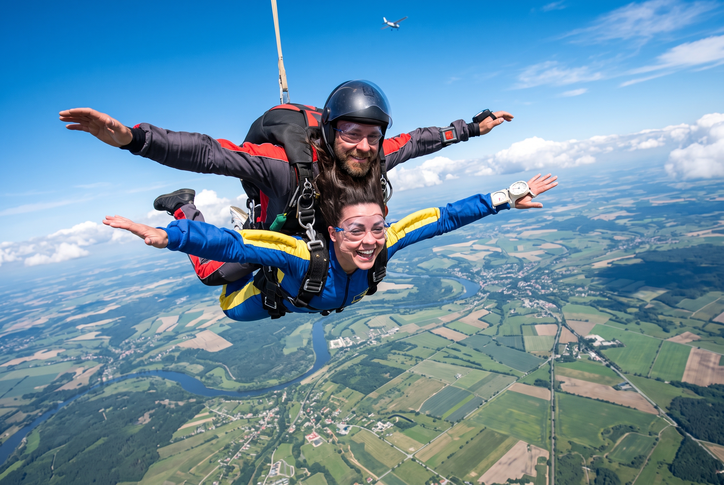 A first-timer grinning during a tandem skydive